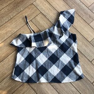 Zara One Shoulder Navy Off White Cotton Linen Gingham Top